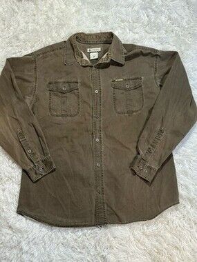 Columbia Mens  Button Up Shirt Beige/green Long Sleeve Pockets Cotton XL